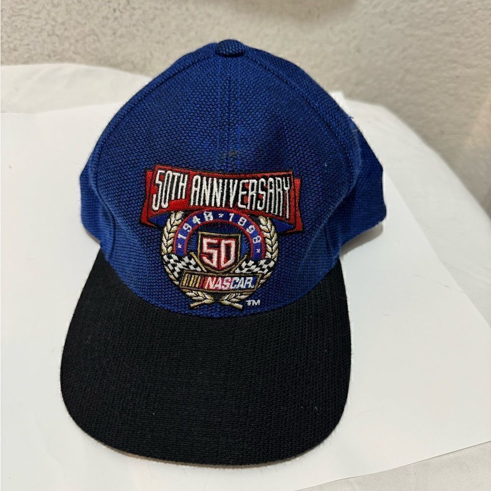 Vintage 1998 Nascar 50th Anniversary Checkered Flag Snapback Hat Cap Blue Black